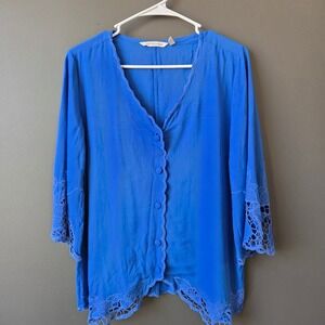 Soft Surroundings Blue Rayon Eyelet Crochet Lace Trim Button Front Blouse Small